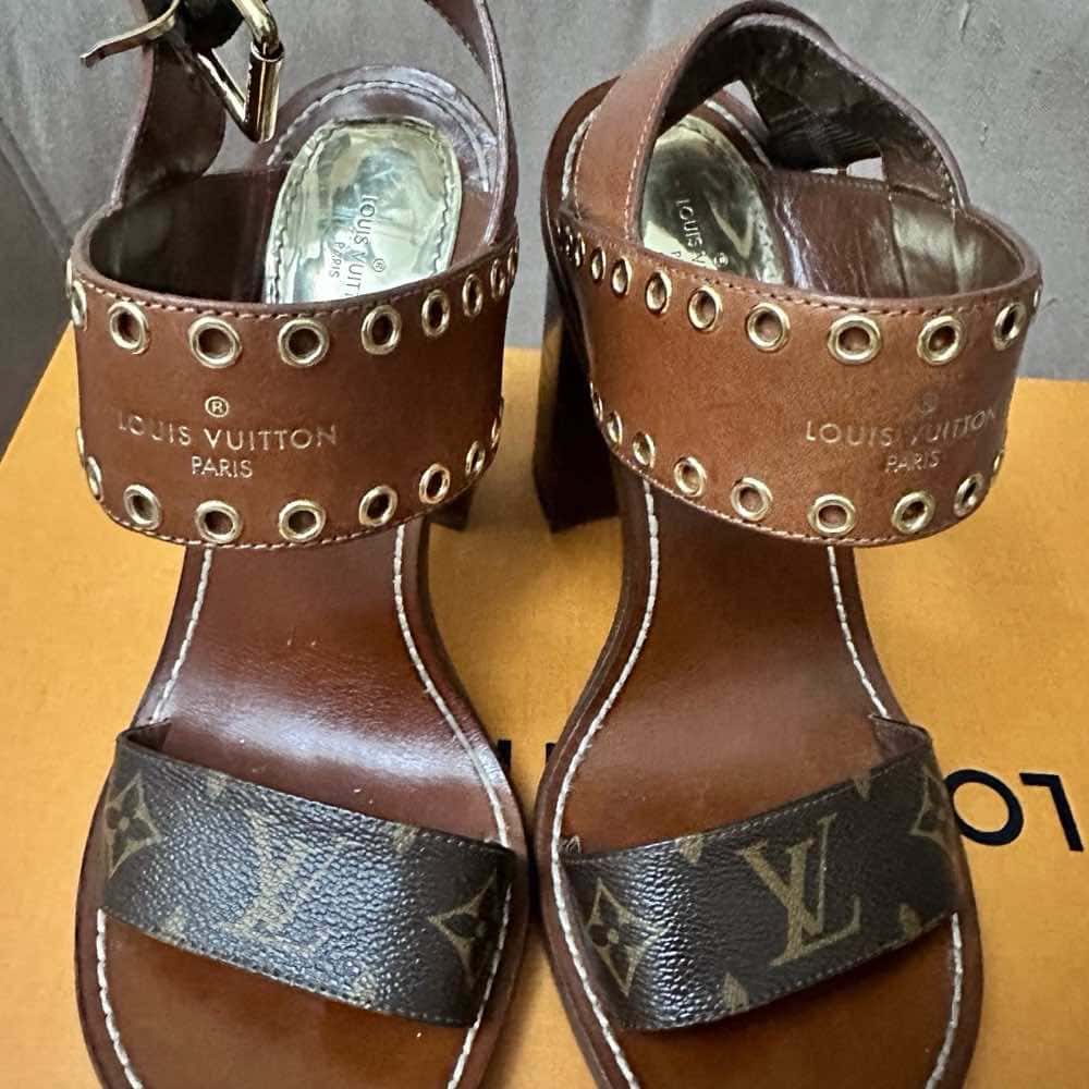 Louis Vuitton Heel Sandals Brown Leather Fair - Model View
