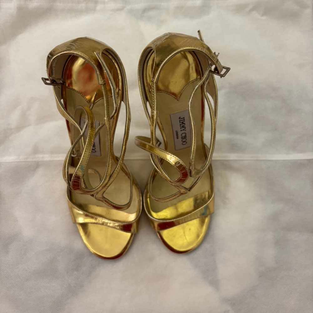 Jimmy Choo Lang Heel Sandals Gold Leather Good - Model View