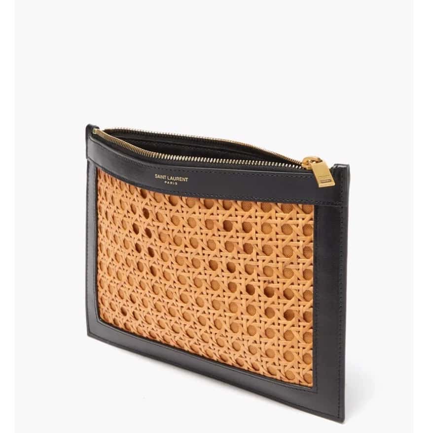 Saint Laurent Raffia Clutch Black Rattan Gold Very good - Box View