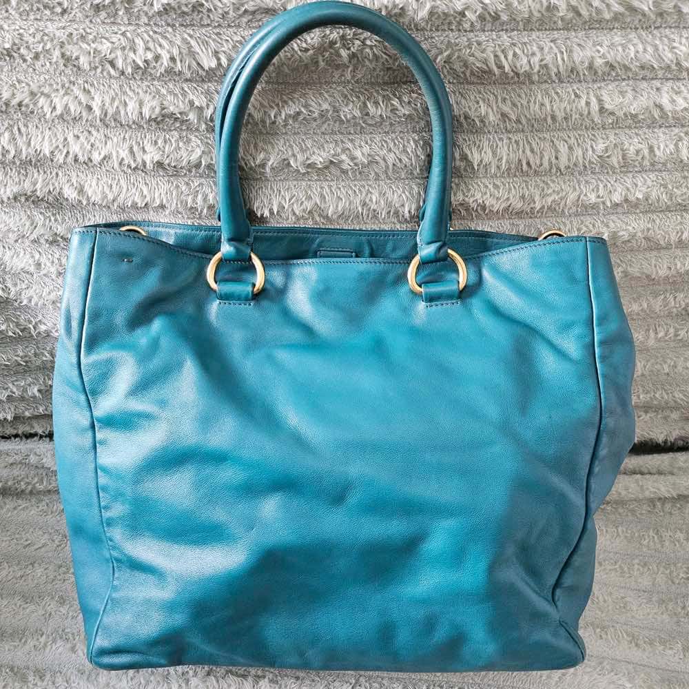 Prada Shopper Tote Blue Leather Gold Good - Box View