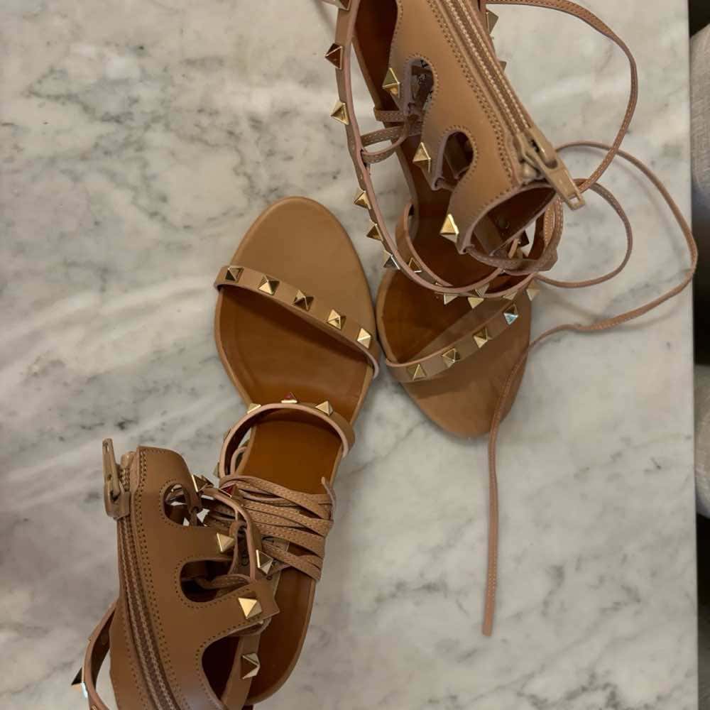 Valentino Rockstud Gladiator Heel Sandals Beige Leather Very good - Model View