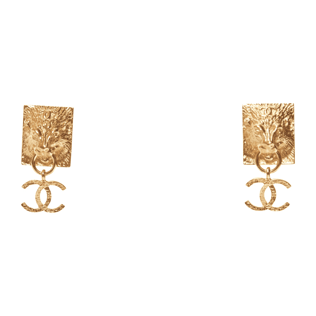 Chanel Lion Head Earrings Gold Metal Never worn - Front View