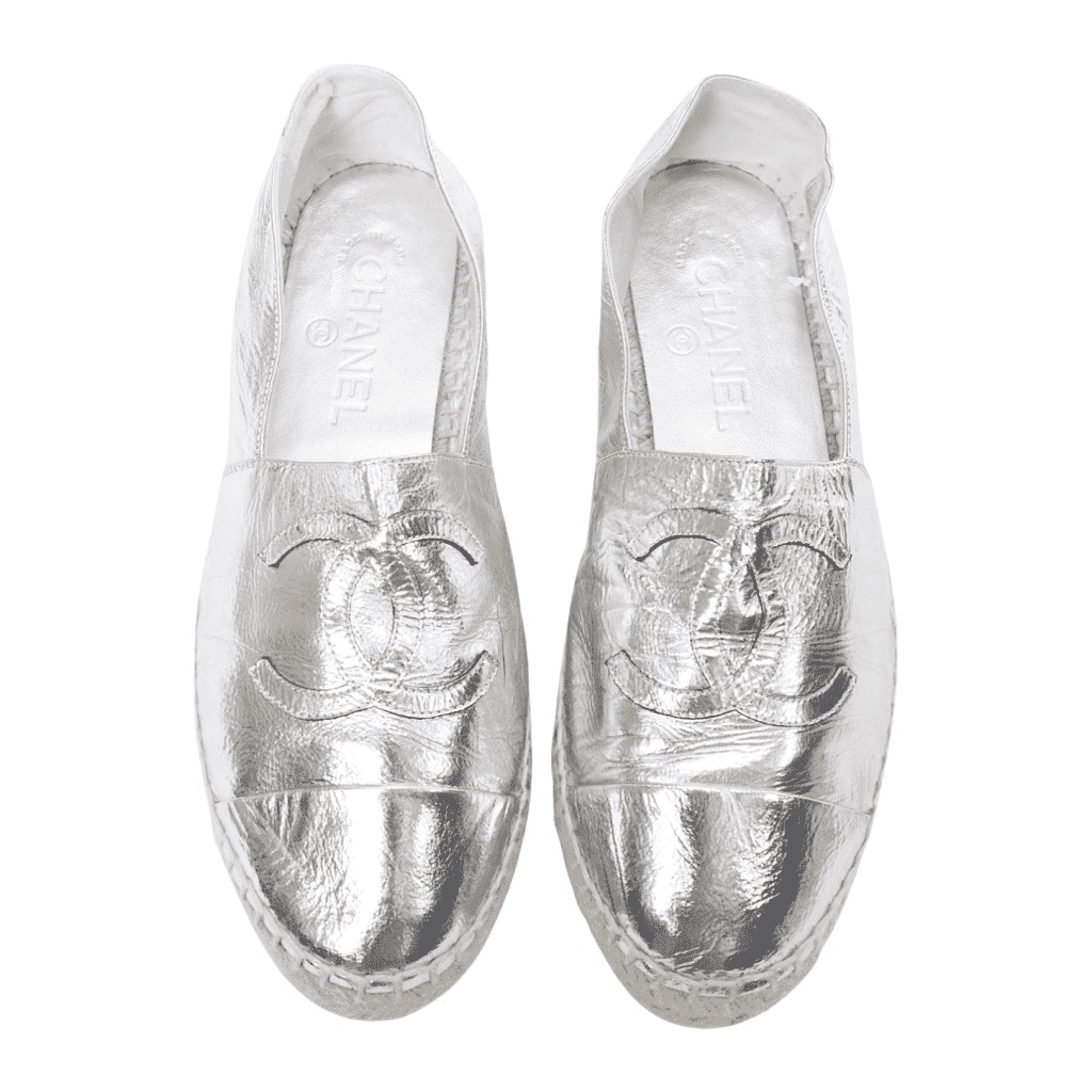 Chanel Woven Leather Flats Silver Leather Good - Front View