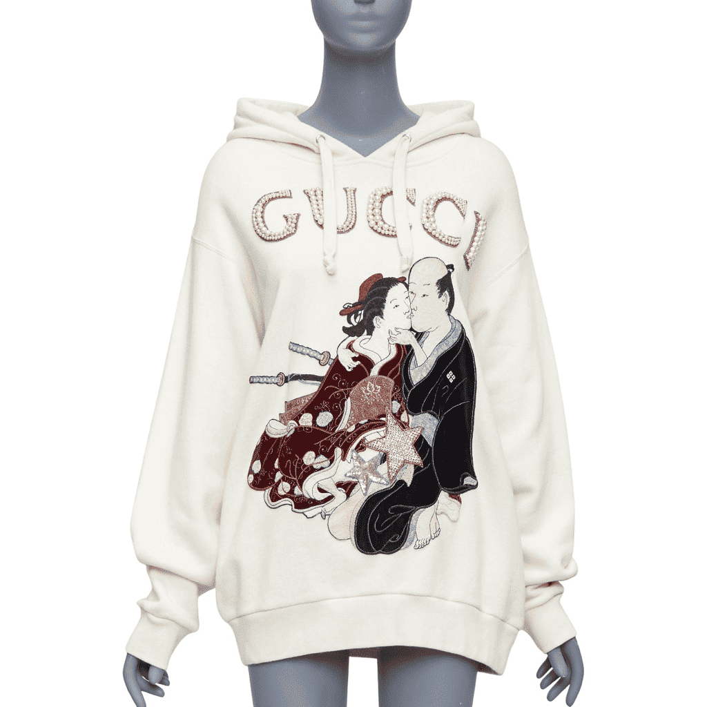Gucci Embroidery Pearl Hoodie Ecru Cotton Very good - Front View