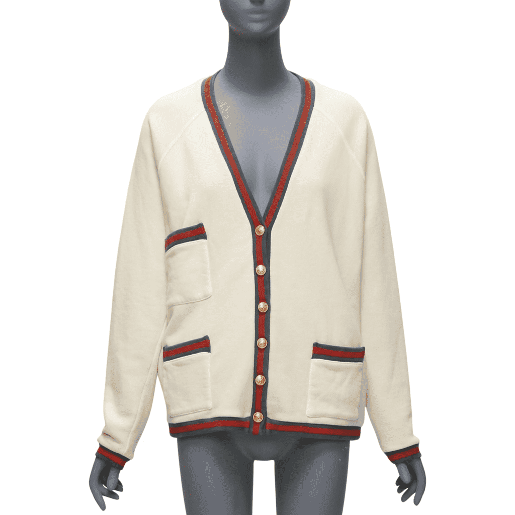 Gucci Green GG Cardigan Ecru Cotton Never worn - Front View