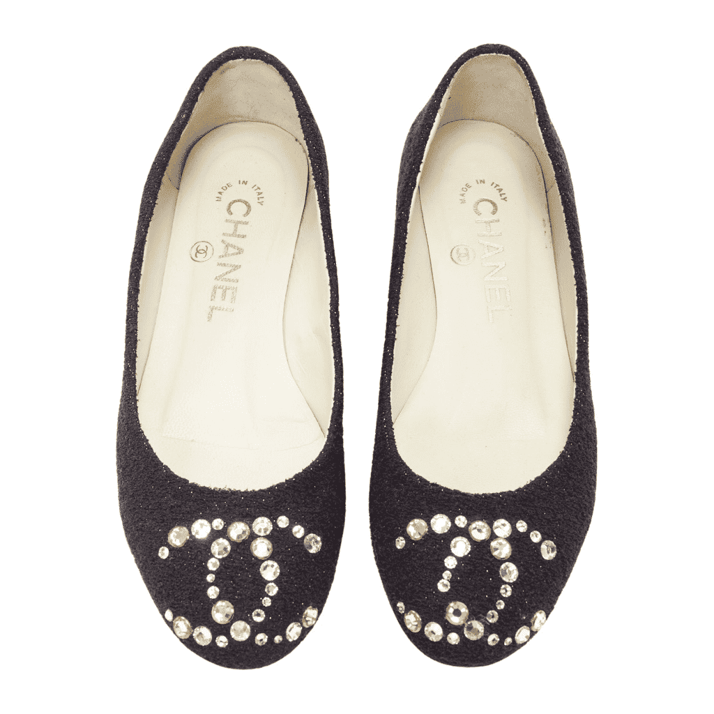 Chanel Gold Embroidery Pointy Flats Black Tweed Very good - Front View