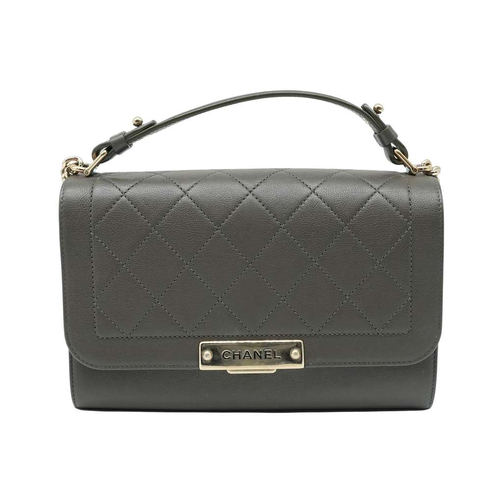 Chanel Grained Calfskin Quilted Medium Label Click Flap Bag Khaki Khaki Good - Front View