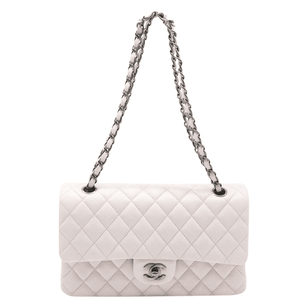 Chanel Classic Medium Flap Nude Caviar Leather Bag with Ruthenium Hardware Size 25 Beige Leather Good condition - Front View