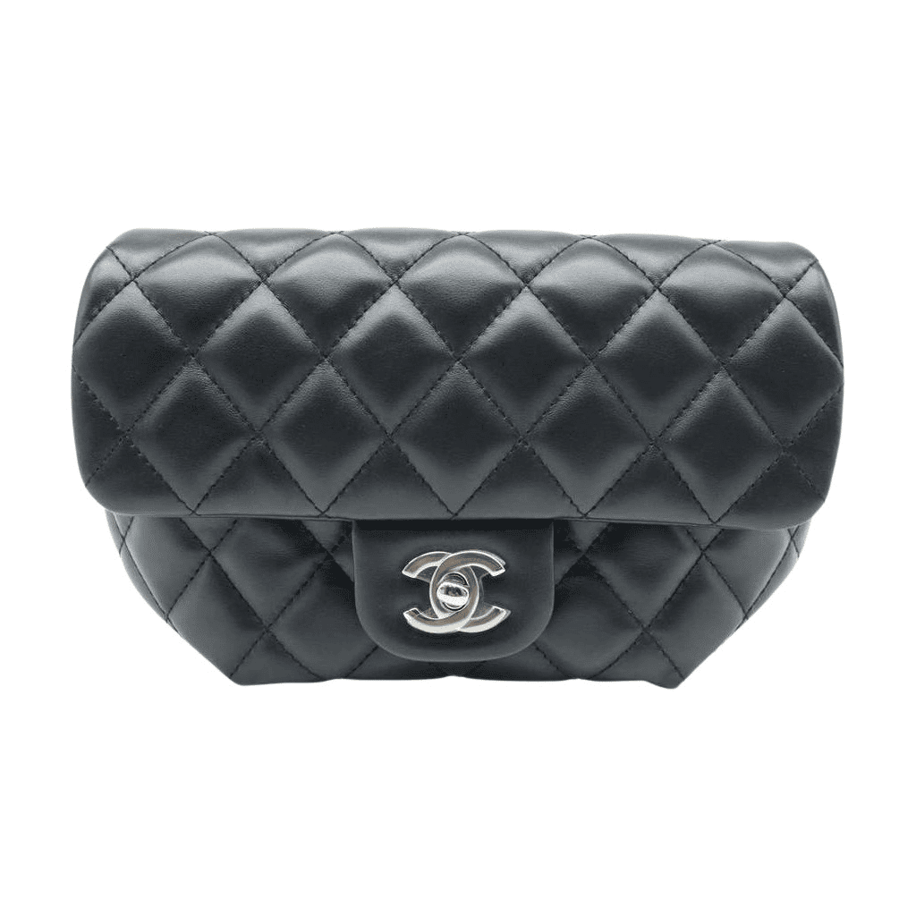 Chanel CC Uniform Flap Belt Bag Calfskin Quilted Black Black Leather Good - Front View