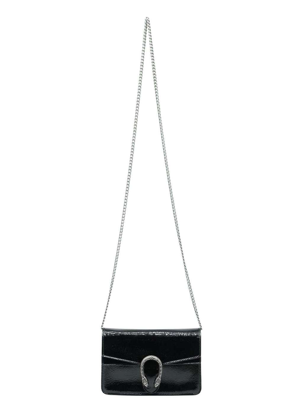Gucci Super Mini Dionysus Bag in Patent Leather Black Black Fair - Front View