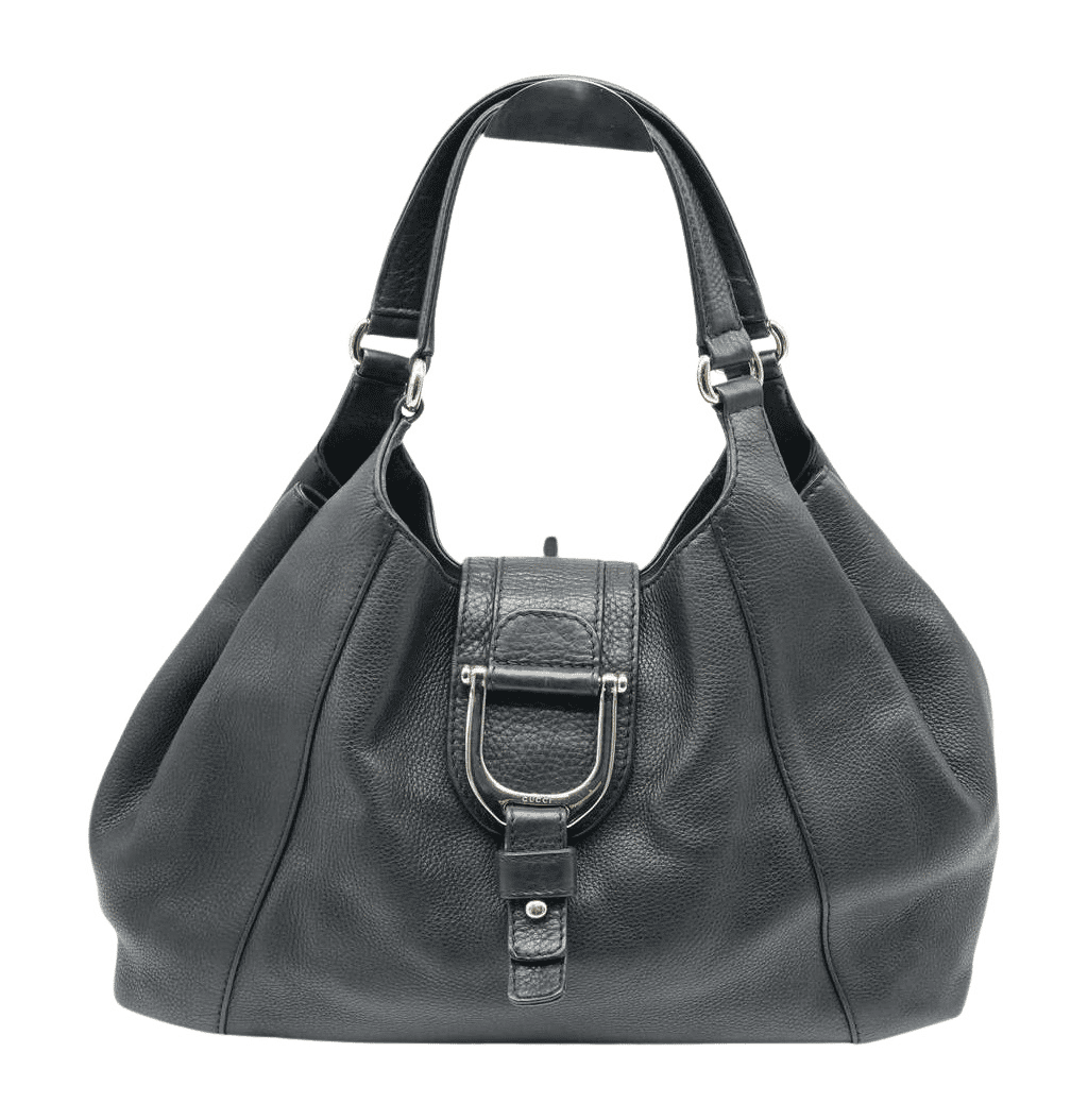 Gucci Black Pebbled Calfskin Leather Greenwich Medium Shoulder Bag Black Fair - Front View