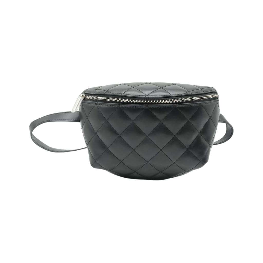 Chanel Uniform Black Quilted Waist Belt Bag Black Leather Good - Front View