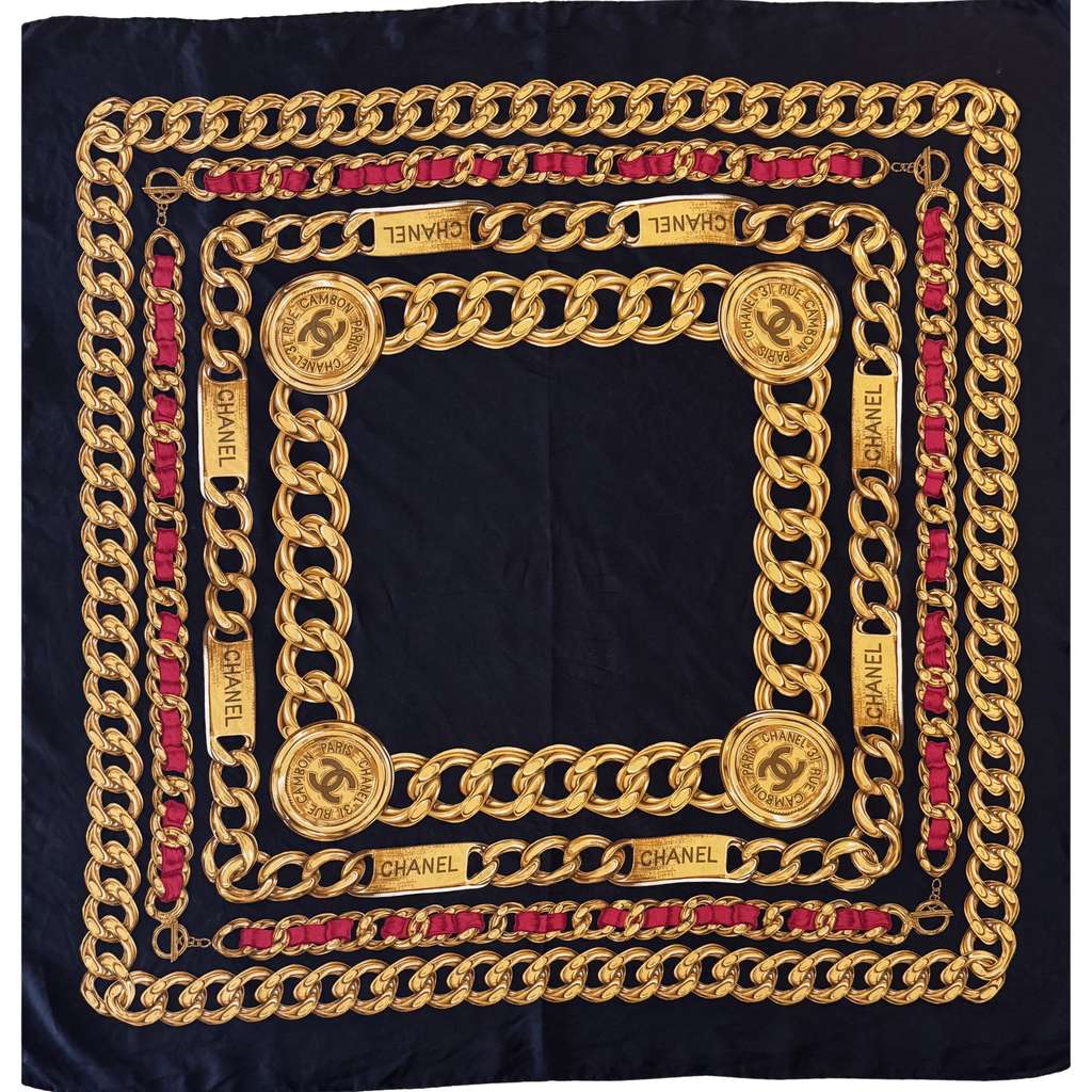 Chanel Black & Gold Scarf Black Silk Very good - Front View