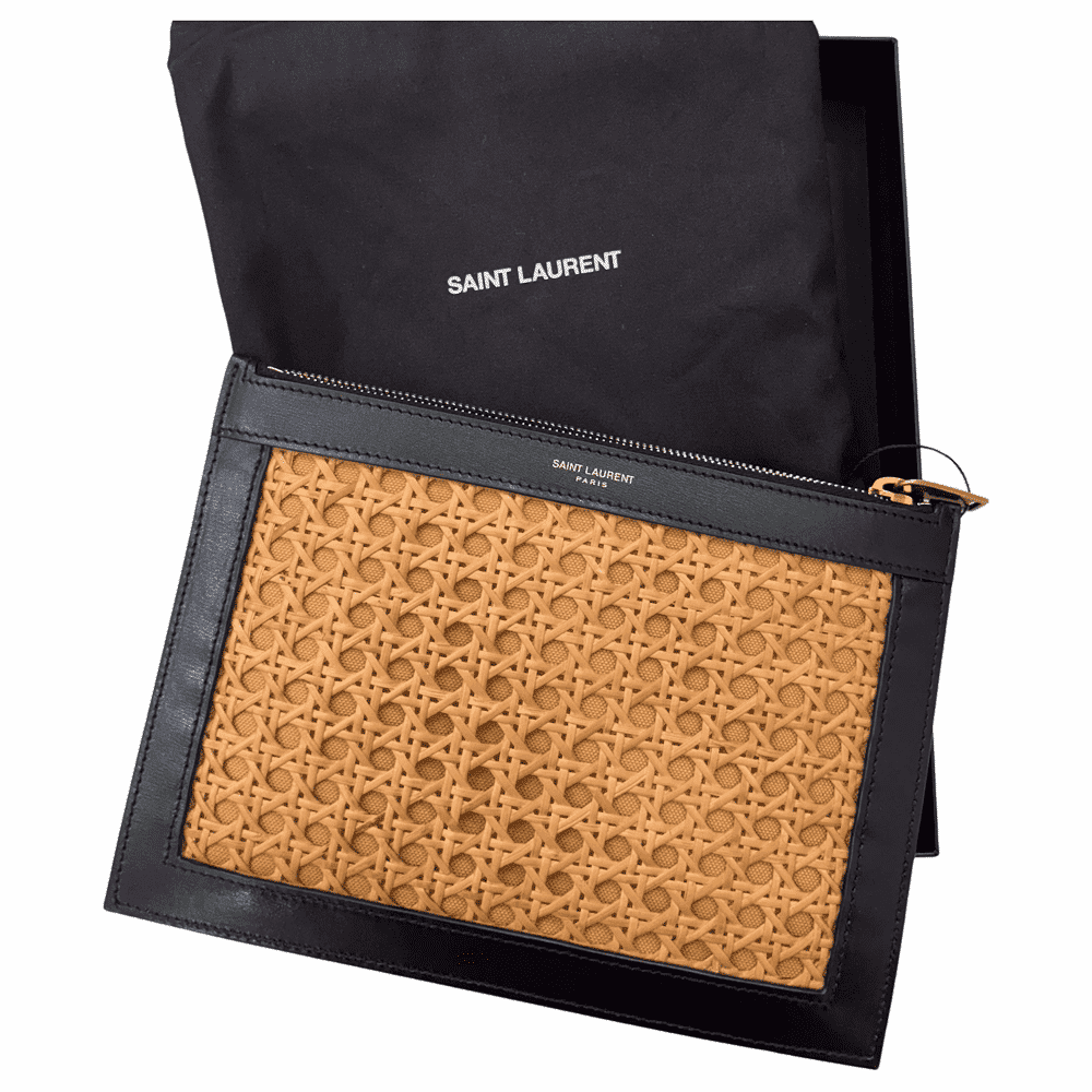 Saint Laurent Raffia Clutch Black Rattan Gold Very good - Front View
