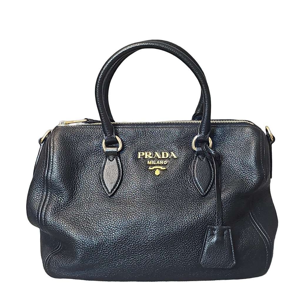 Prada Vitello Phenix Bauletto Bag Black Leather Very good condition - Front View