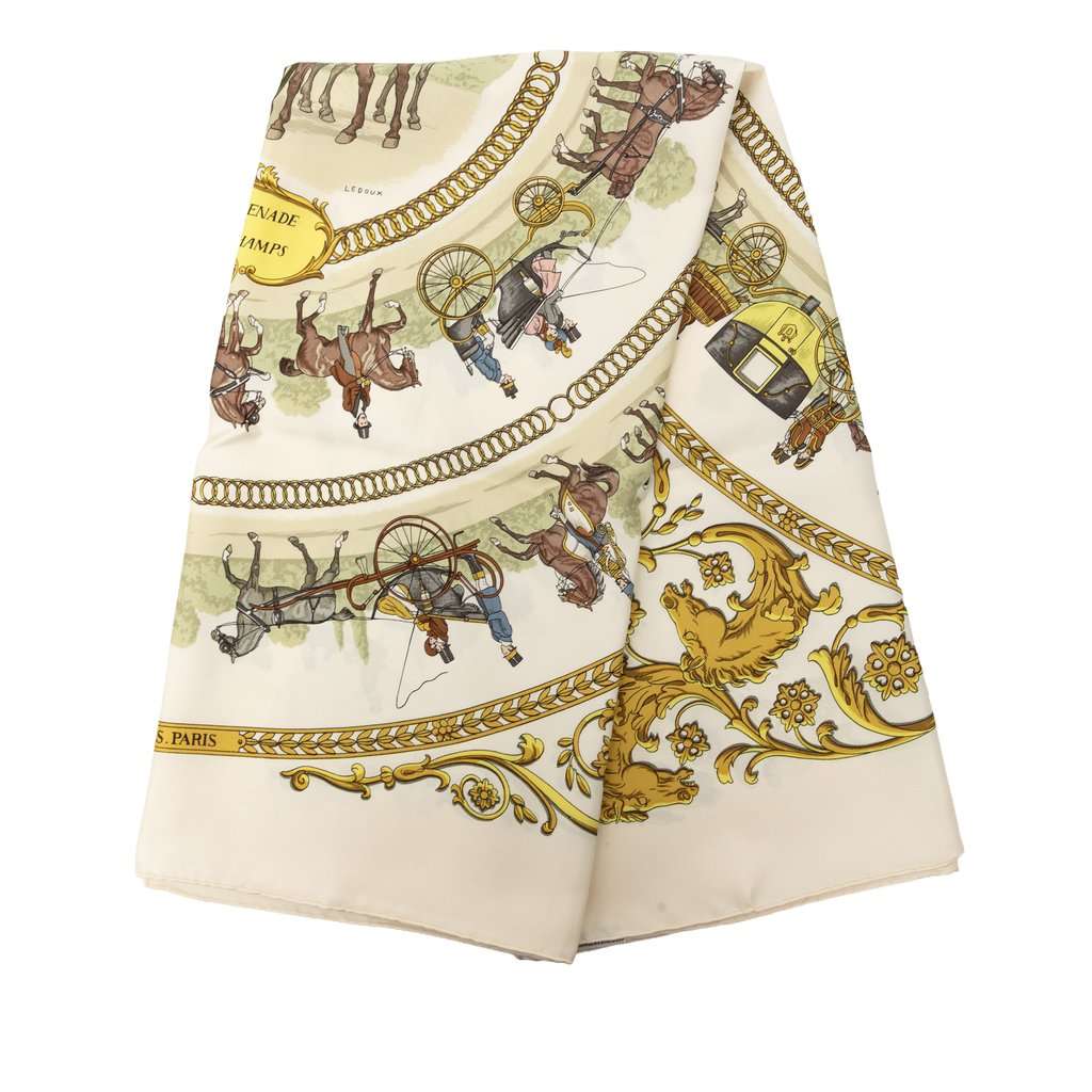 Hermès La Promenade de Longchamps Silk Scarf 90 Beige Very good condition - Front View
