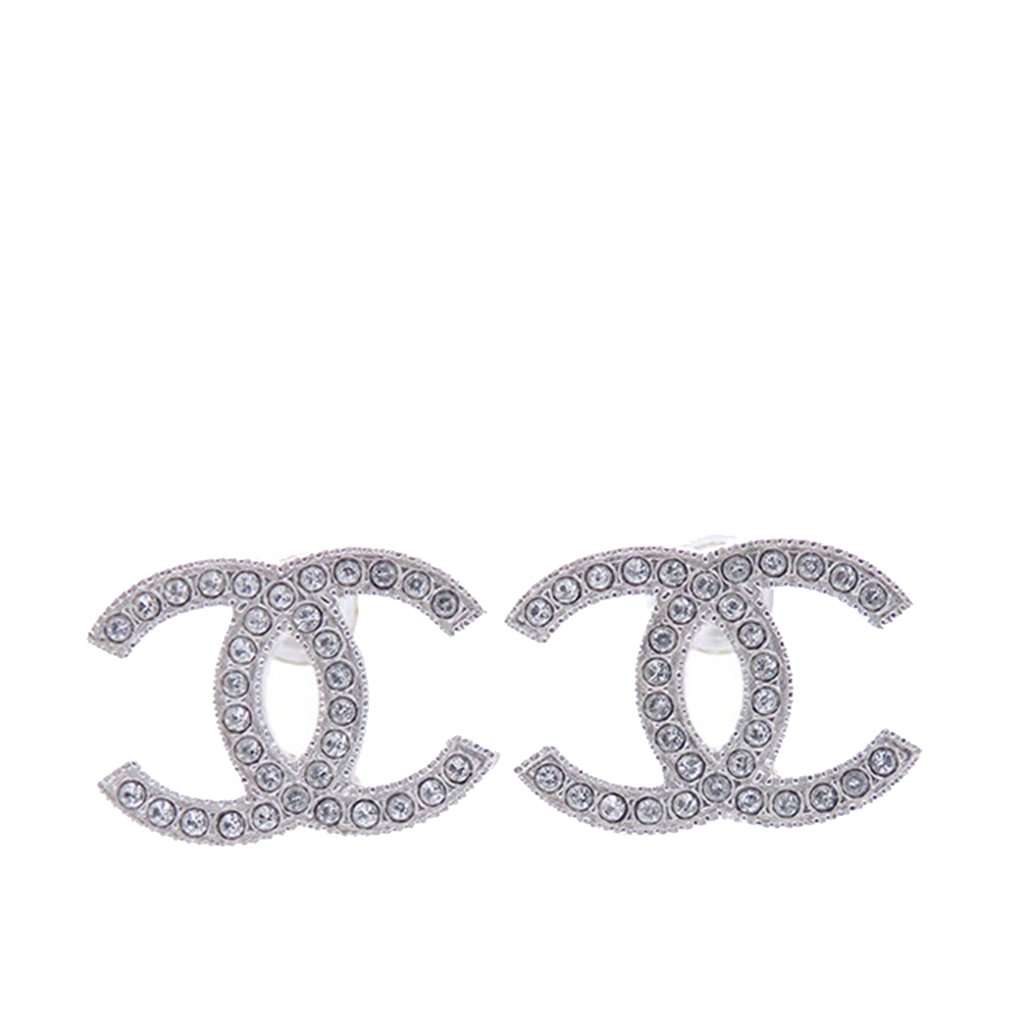 Chanel Silver Rhinestones CC Push Back Earrings Silver Metal Good - Front View