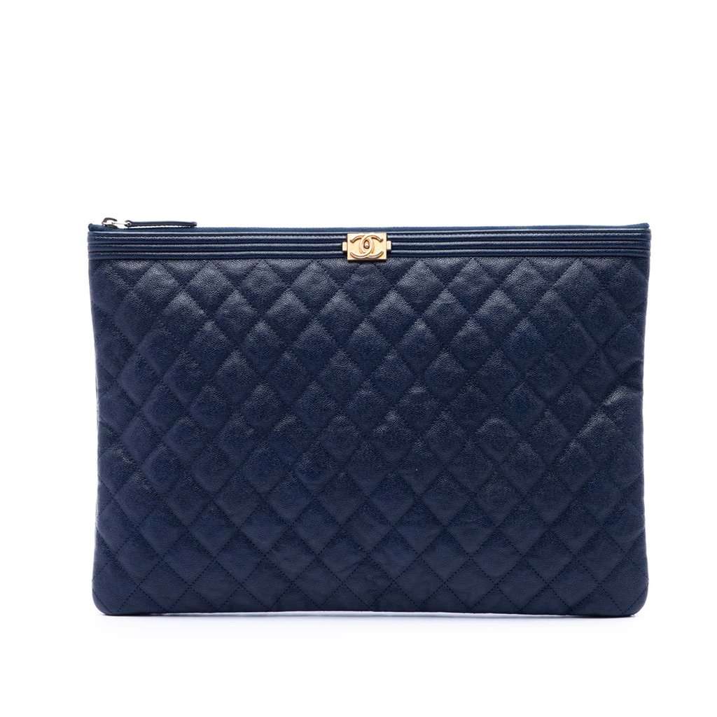 Chanel Large Quilted Caviar Boy O Case Clutch Blue Leather Very good condition - Front View
