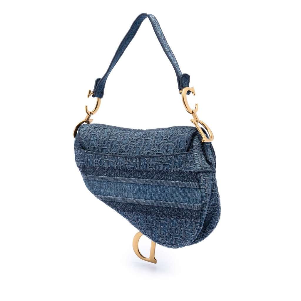 Dior Oblique Embroidered Denim Saddle Bag Blue Very good condition - Back View