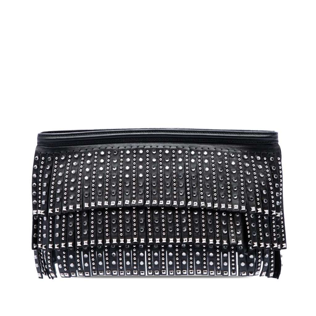 Prada Crystal Embellished Leather Fringe Clutch Black Leather Very good - Front View