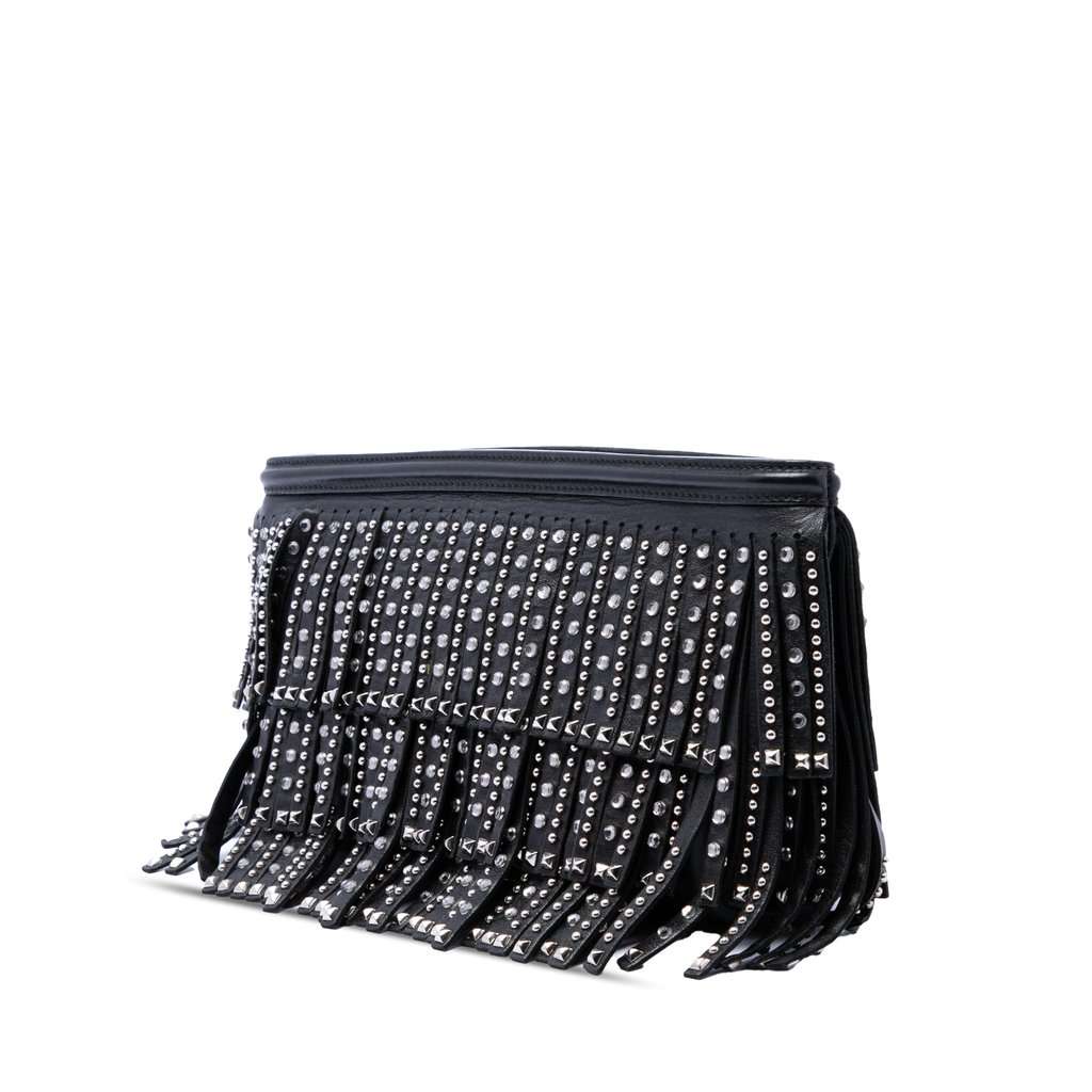 Prada Crystal Embellished Leather Fringe Clutch Black Leather Very good - Back View