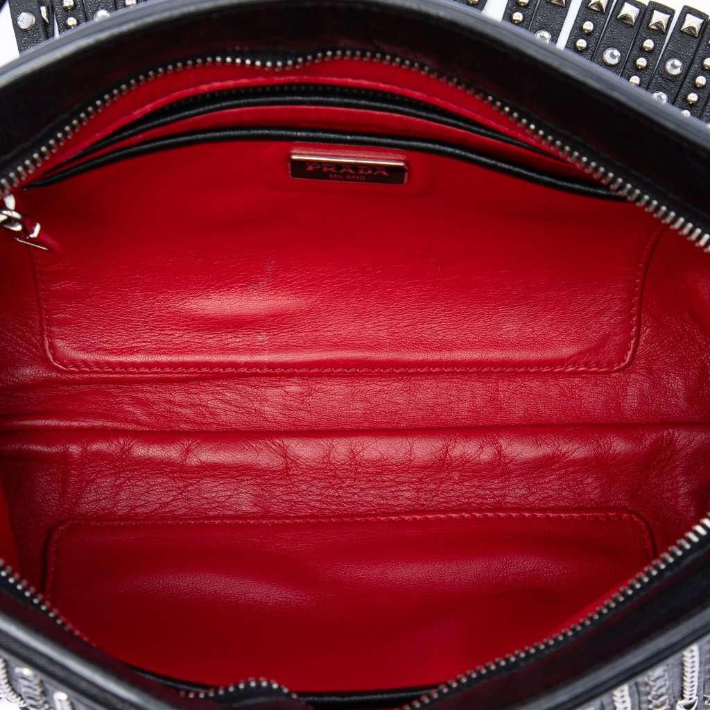 Prada Crystal Embellished Leather Fringe Clutch Black Leather Very good - Model View