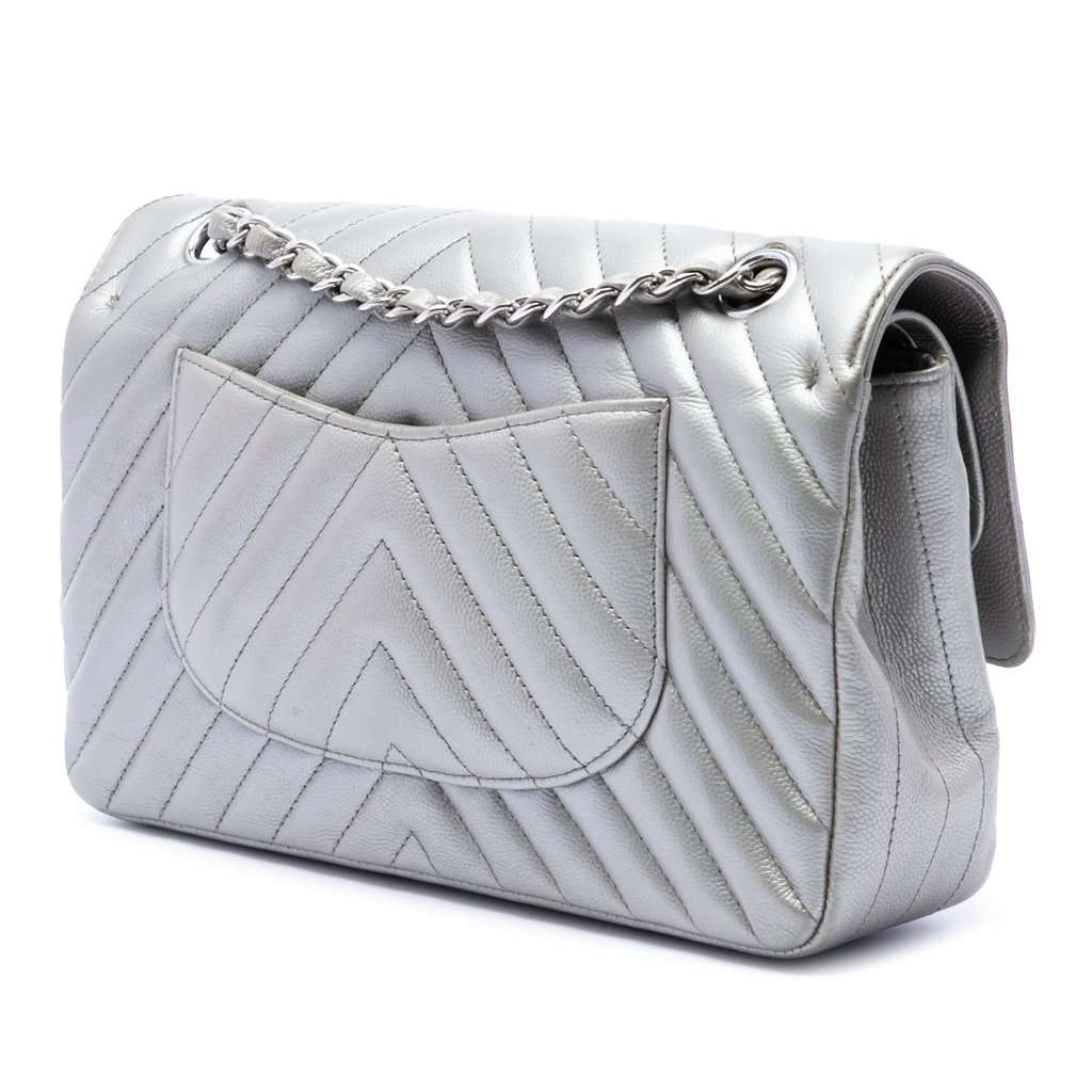 Chanel Medium Classic Chevron Metallic Caviar Double Flap Silver Leather Very good - Back View