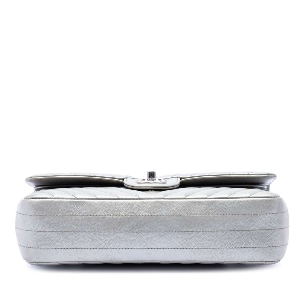 Chanel Medium Classic Chevron Metallic Caviar Double Flap Silver Leather Very good - Inside View