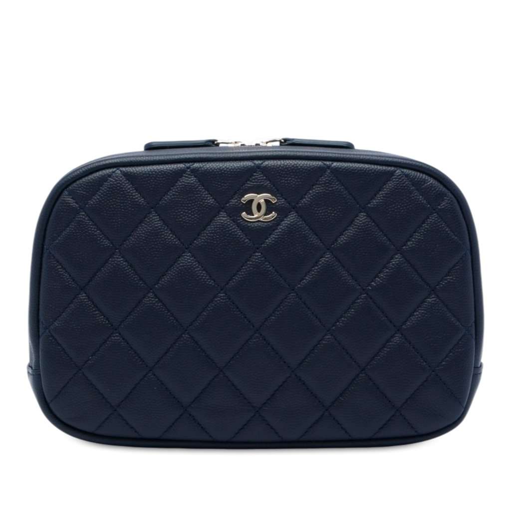 Chanel Large Quilted Caviar Curvy Cosmetic Pouch Blue Leather Very good - Front View