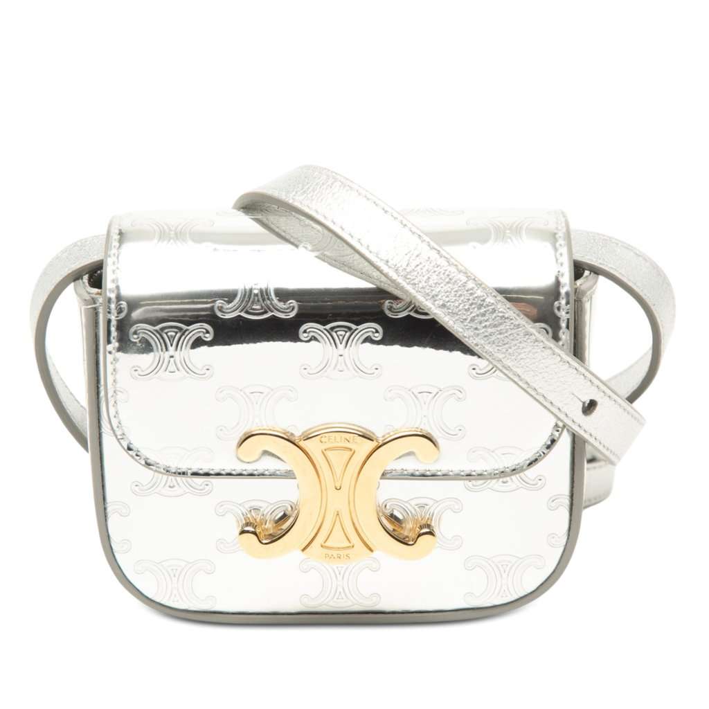 Celine Mini Triomphe Metallic Calfskin Claude Crossbody Silver Leather Very good - Front View