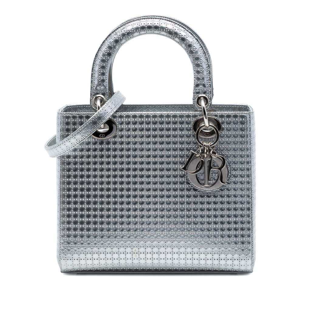 Dior Medium Metallic Patent Microcannage Lady Dior Silver Leather Very good condition - Front View
