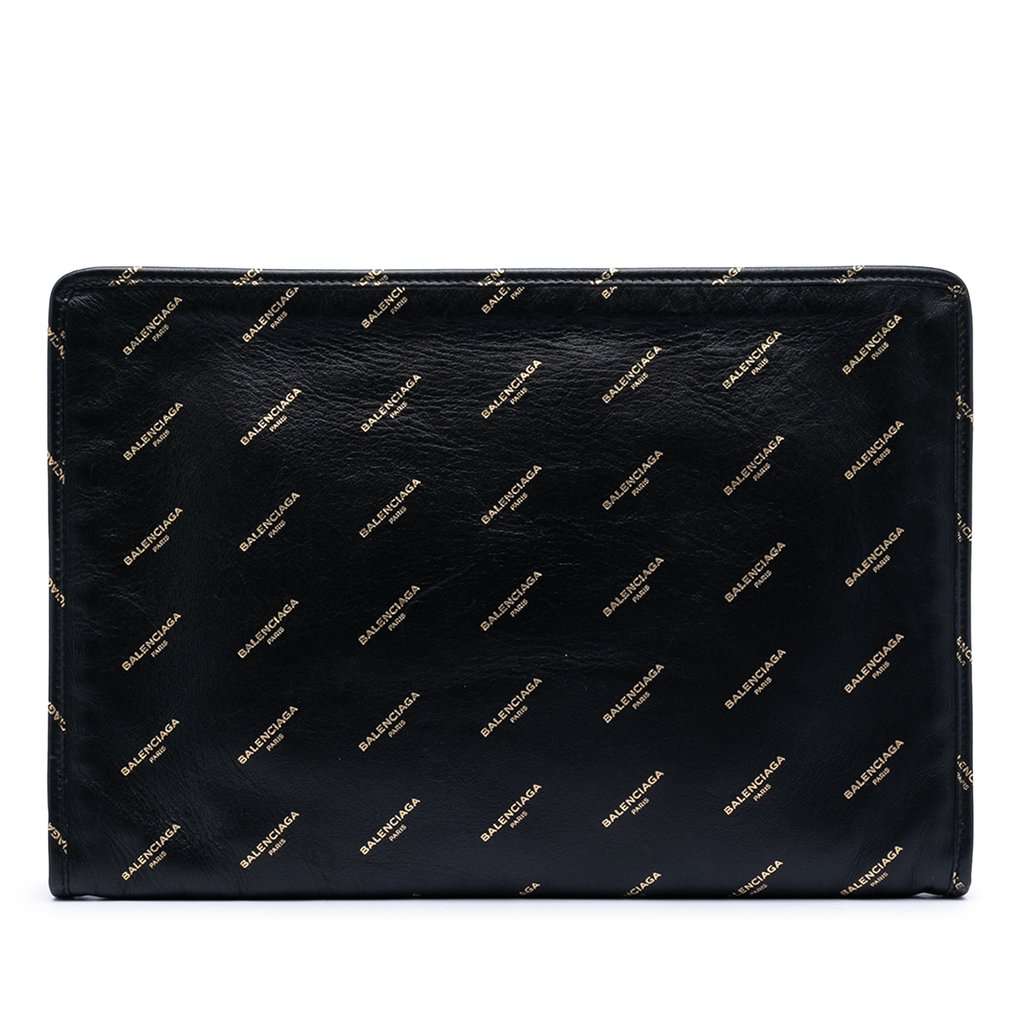 Balenciaga Lambskin Allover Logo Zip Pouch Black Leather Very good condition - Front View