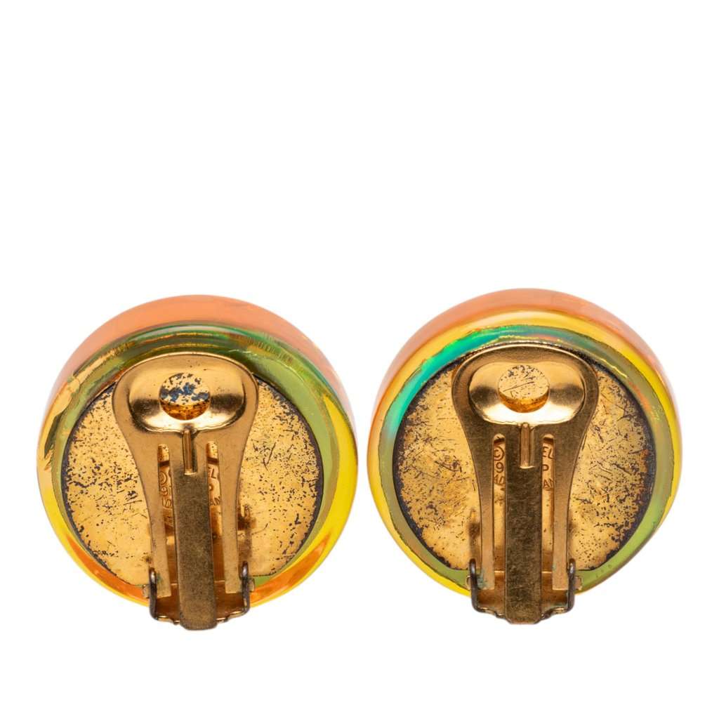 Chanel Gold Plated Resin CC Camellia Button Clip On Earrings Orange Plastic Very good condition - Back View