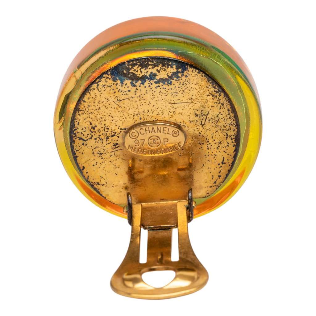Chanel Gold Plated Resin CC Camellia Button Clip On Earrings Orange Plastic Very good condition - Inside View