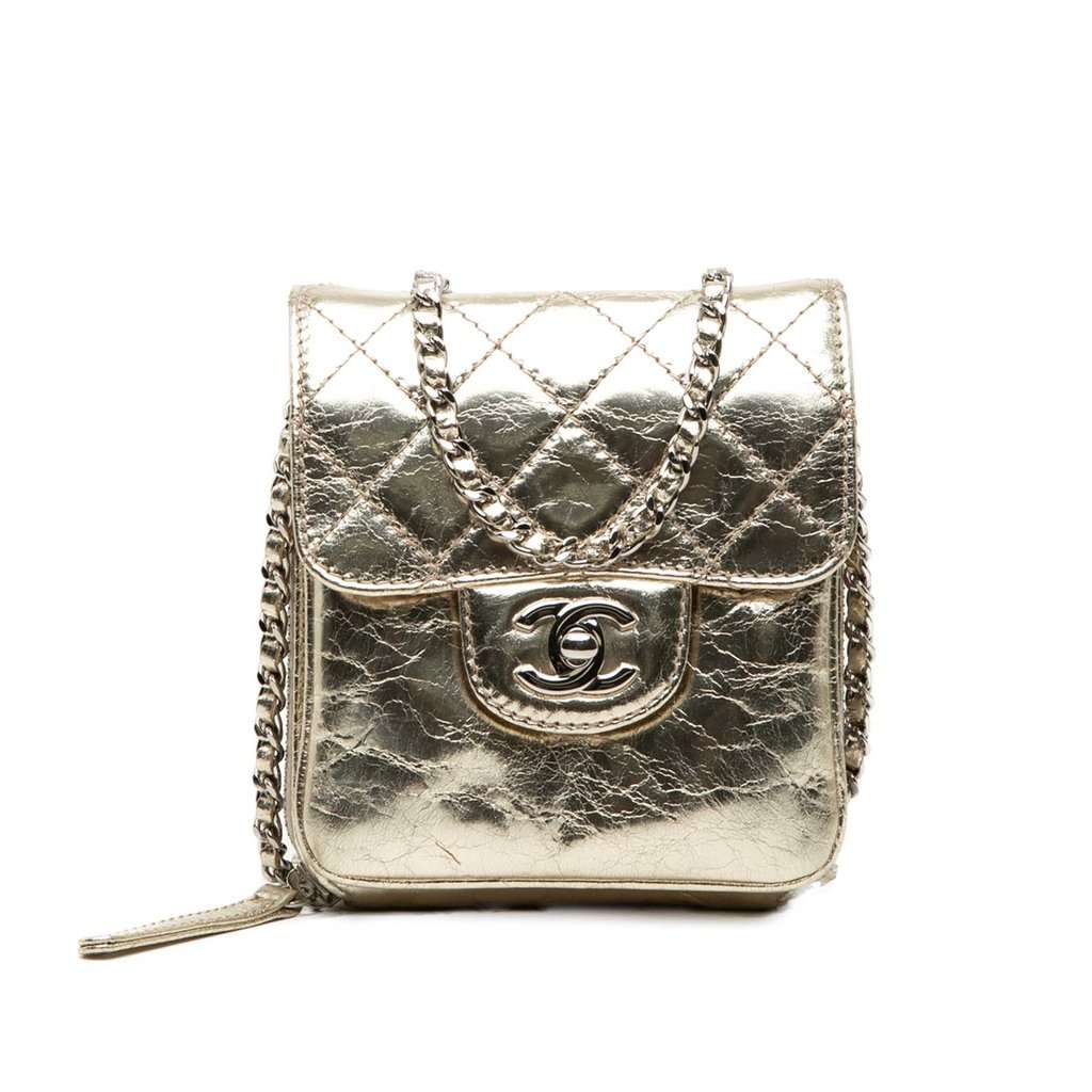 Chanel Quilted Metallic Aged Calfskin Clams Wallet on Chain Gold Leather Very good condition - Front View