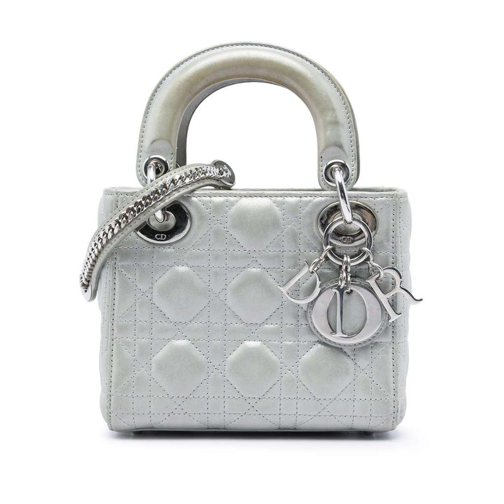Dior Mini Iridescent Lambskin Cannage Lady Dior Silver Leather Very good condition - Front View