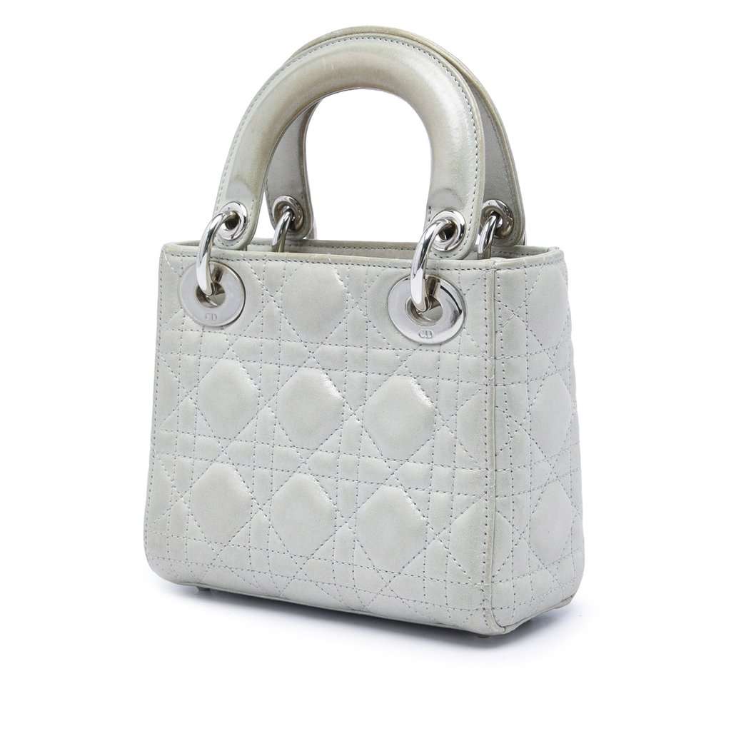 Dior Mini Iridescent Lambskin Cannage Lady Dior Silver Leather Very good condition - Back View