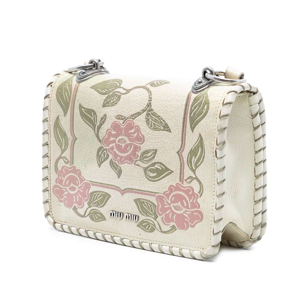 Miu Miu Goatskin Madras Floral Embossed Crossbody White Leather Very good - Back View