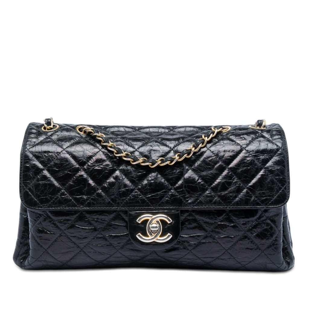 Chanel Jumbo CC Quilted Crumpled Calfskin Straight Flap Black Leather Very good - Front View