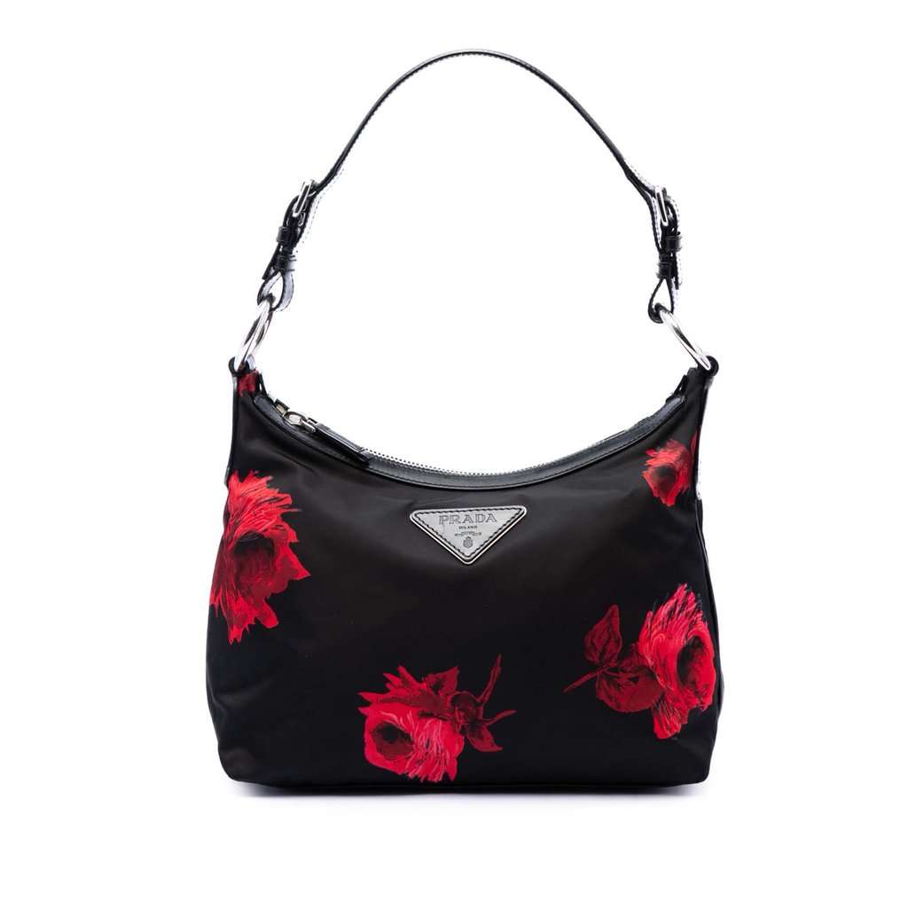 Prada Tessuto Stampato Rose Shoulder Bag Black Very good - Front View