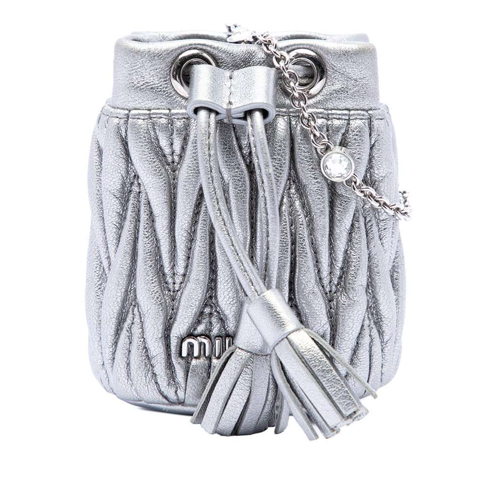 Miu Miu Mini Metallic Matelasse Nappa Crystal Chain Bucket Bag Silver Leather Very good - Front View