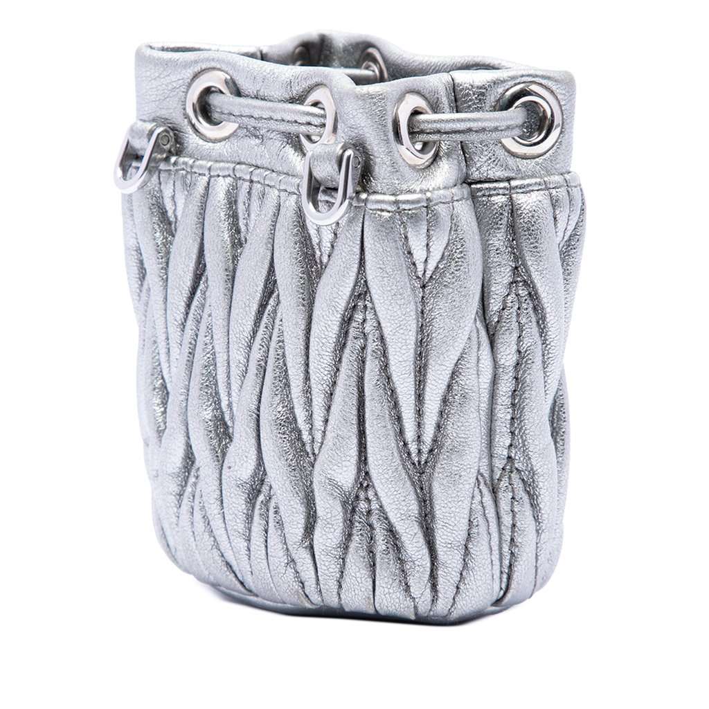 Miu Miu Mini Metallic Matelasse Nappa Crystal Chain Bucket Bag Silver Leather Very good - Back View