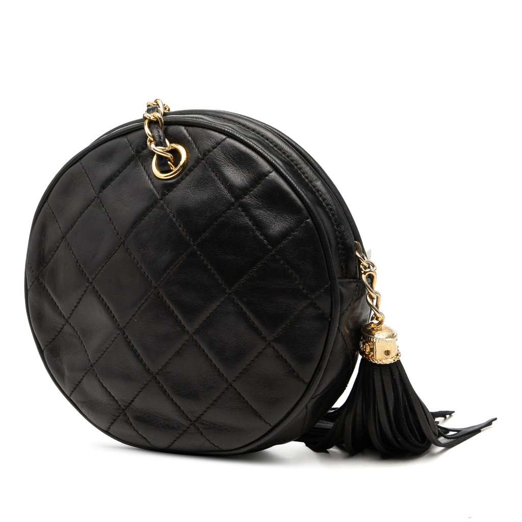 Chanel Quilted Lambskin Tassel Round Clutch with Chain Black Leather Good - Back View