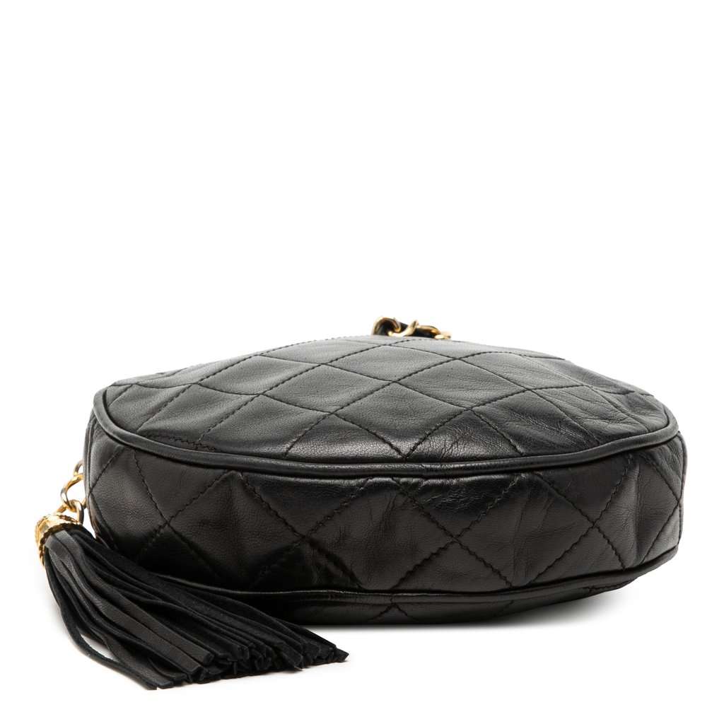 Chanel Quilted Lambskin Tassel Round Clutch with Chain Black Leather Good - Inside View