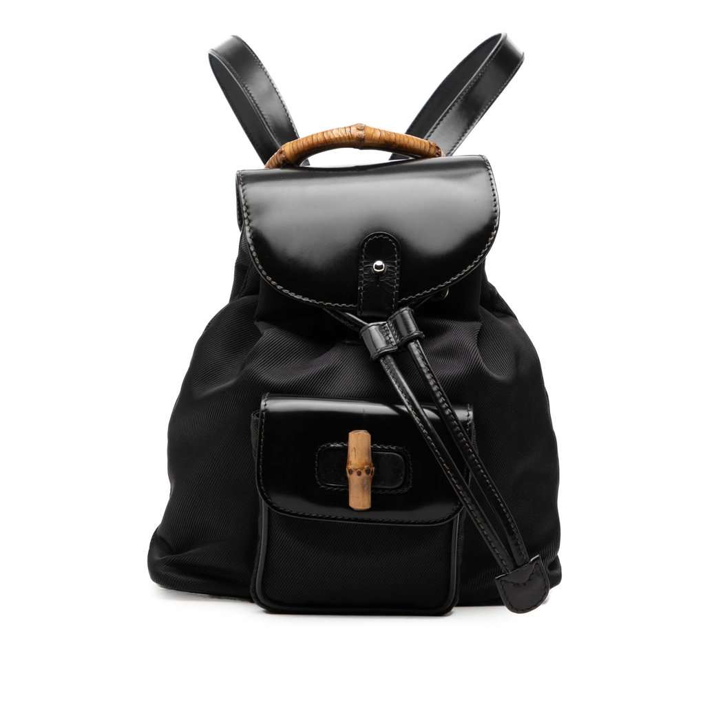 Gucci Nylon and Patent Bamboo Drawstring Backpack Black Very good condition - Front View