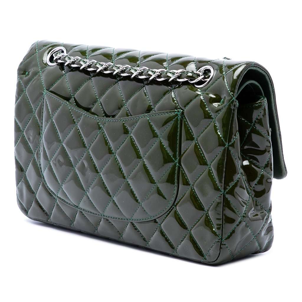 Chanel Medium Classic Patent Double Flap Green Leather Very good condition - Back View