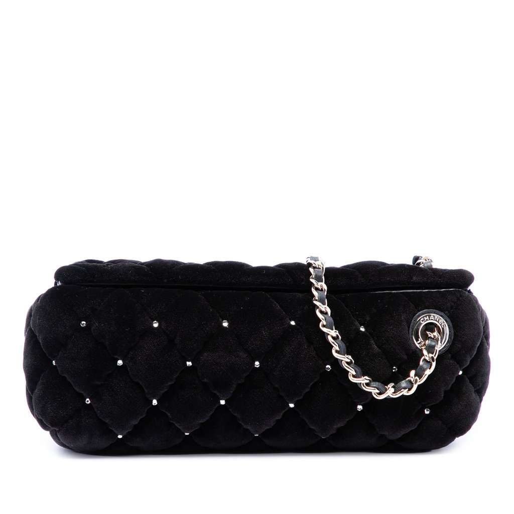 Chanel CC Quilted Velvet Crystal Wristlet Clutch Black Very good condition - Front View