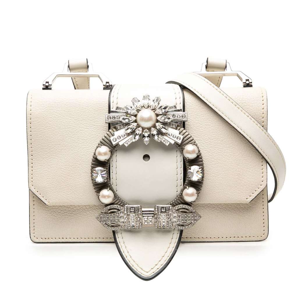 Miu Miu Goatskin Madras Soft Calf Crystal Embellished Crossbody White Leather Very good - Front View
