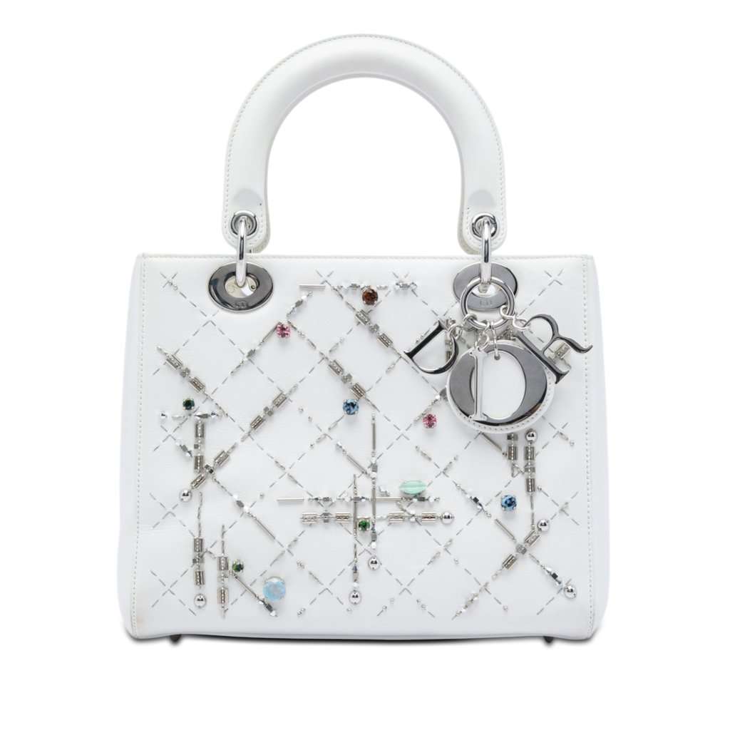 Dior Medium Calfskin Beads And Rhinestone Embellished Lady Dior White Leather Very good - Front View