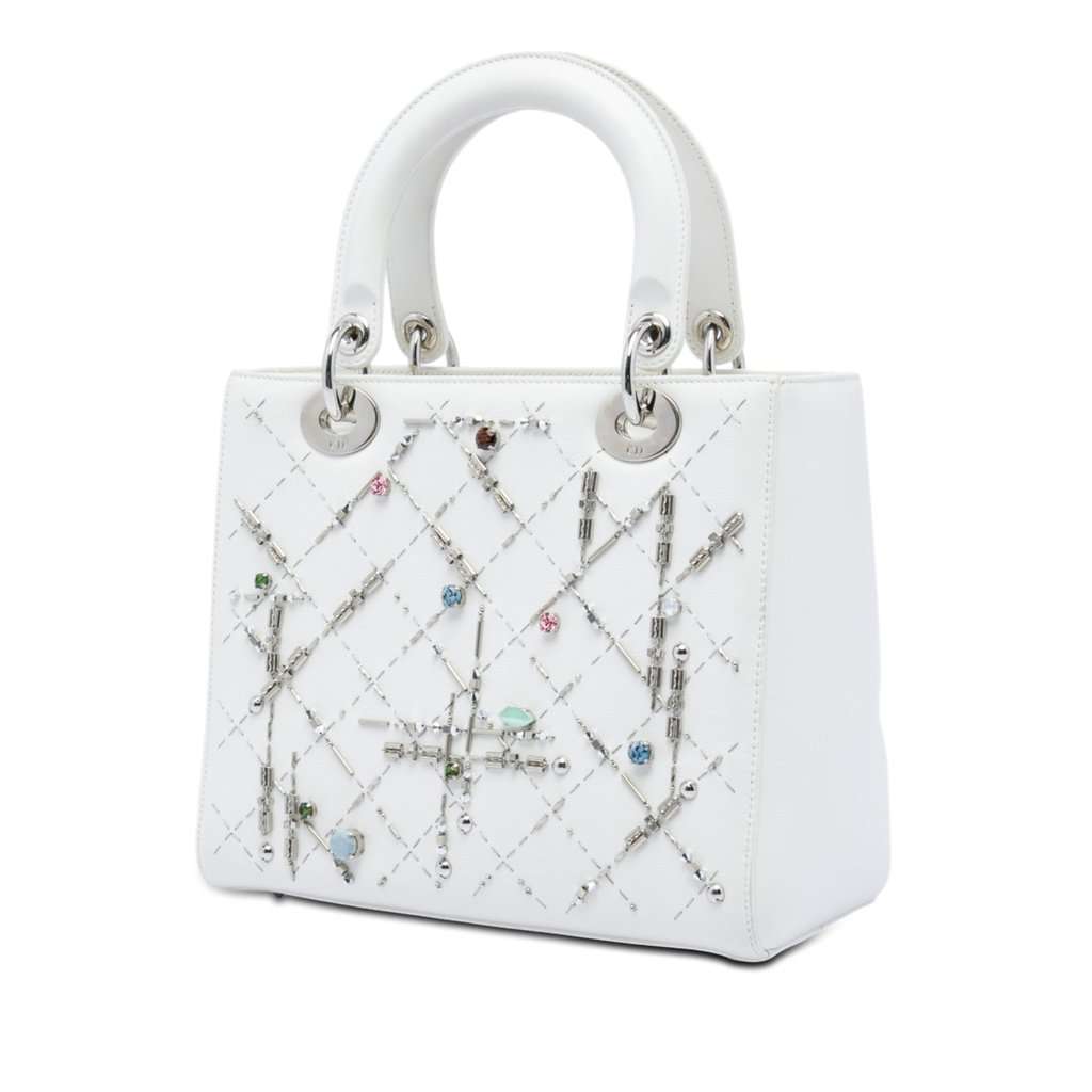 Dior Medium Calfskin Beads And Rhinestone Embellished Lady Dior White Leather Very good - Back View